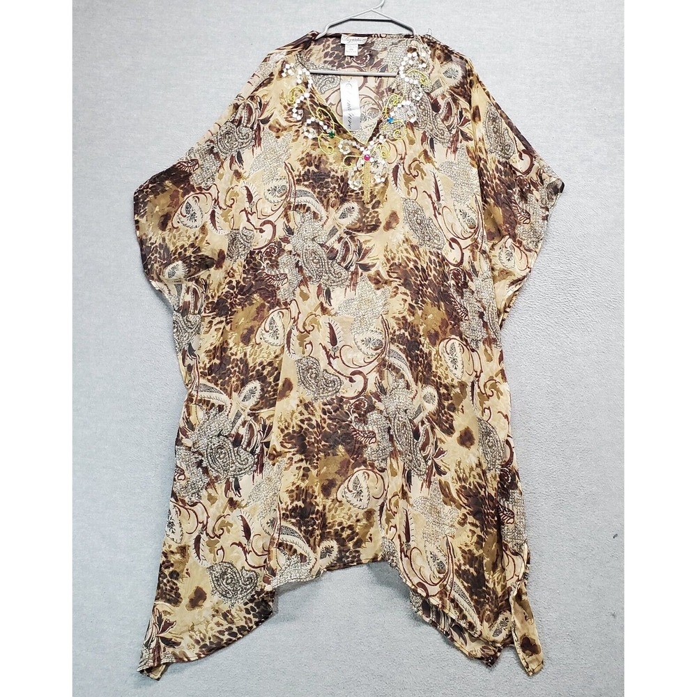 JMB Signature Women Top One Size Brown Paisley‎ Blouse Poncho Beaded Sheer NWT